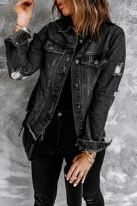 Ella Black Jean Jacket, Distressed w/Raw Hem