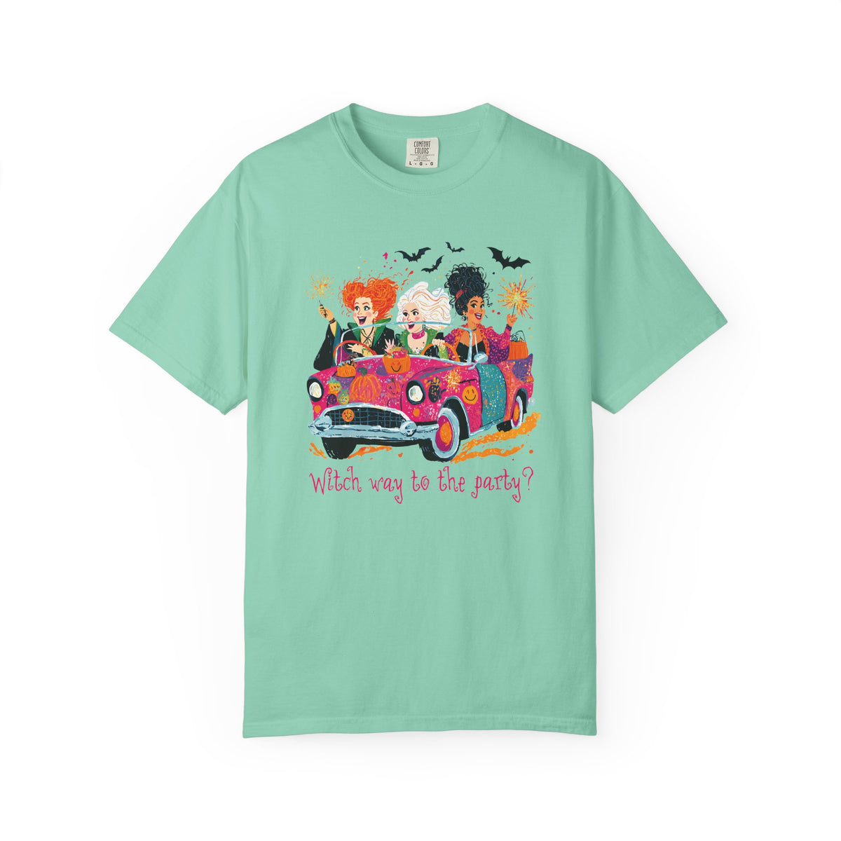 Witch Way to the Party? - Comfort Colors | Trendy Women's T-Shirt. Direct to Garment. Printed & Shipped in the USA. Unisex Sizes.