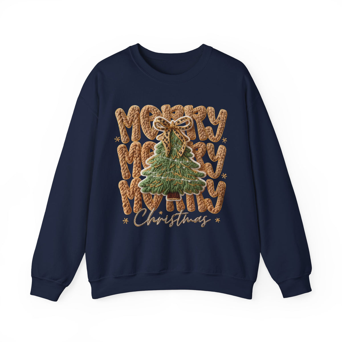 Merry Merry Merry Christmas, Faux Latch Hook Yarn – Gildan Heavy Blend | Trendy Women’s Soft Sweatshirt. Direct to Garment. Printed & Shipped in the USA. Unisex Sizes.