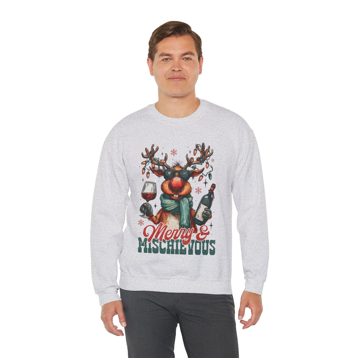 Merry & Mischievous Reindeer – Gildan Heavy Blend | Trendy Women’s and Men's Soft Sweatshirt. Direct to Garment. Printed & Shipped in the USA. Unisex Sizes.