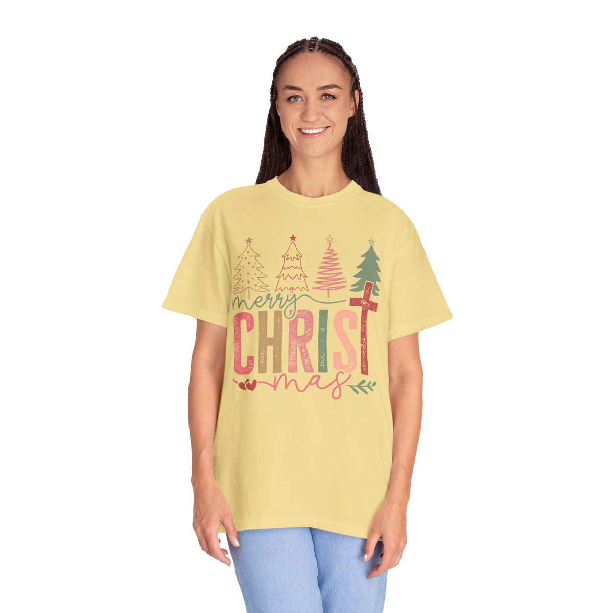 Merry ChrisTmas Christian Faith Graphic - Comfort Colors | Trendy Women's T-Shirt. Direct to Garment. Printed & Shipped in the USA. Unisex Sizes.