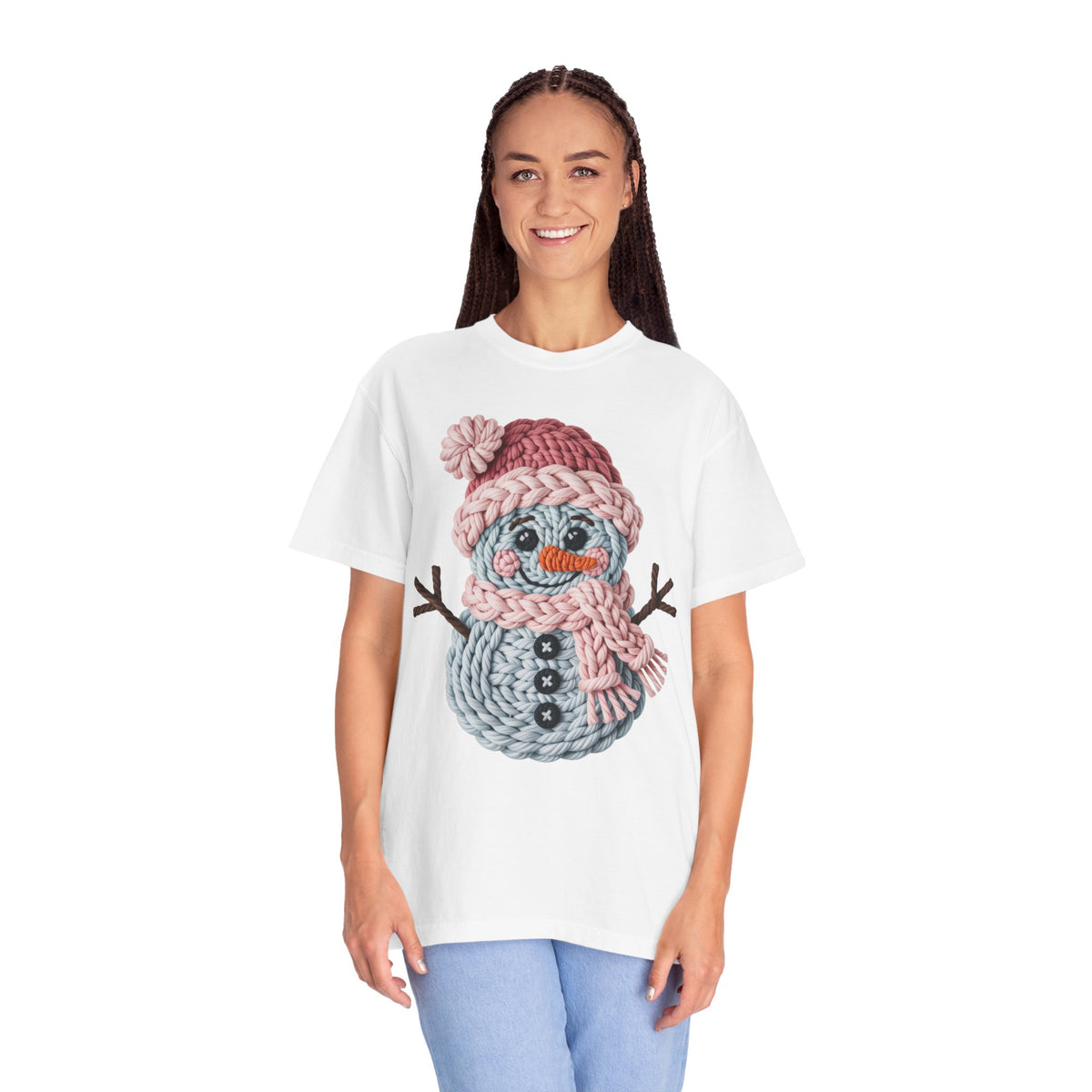 Cute Yarn Snowman - Pink Scarf - Comfort Colors | Trendy Women's T-Shirt. Direct to Garment. Printed & Shipped in the USA. Unisex Sizes.
