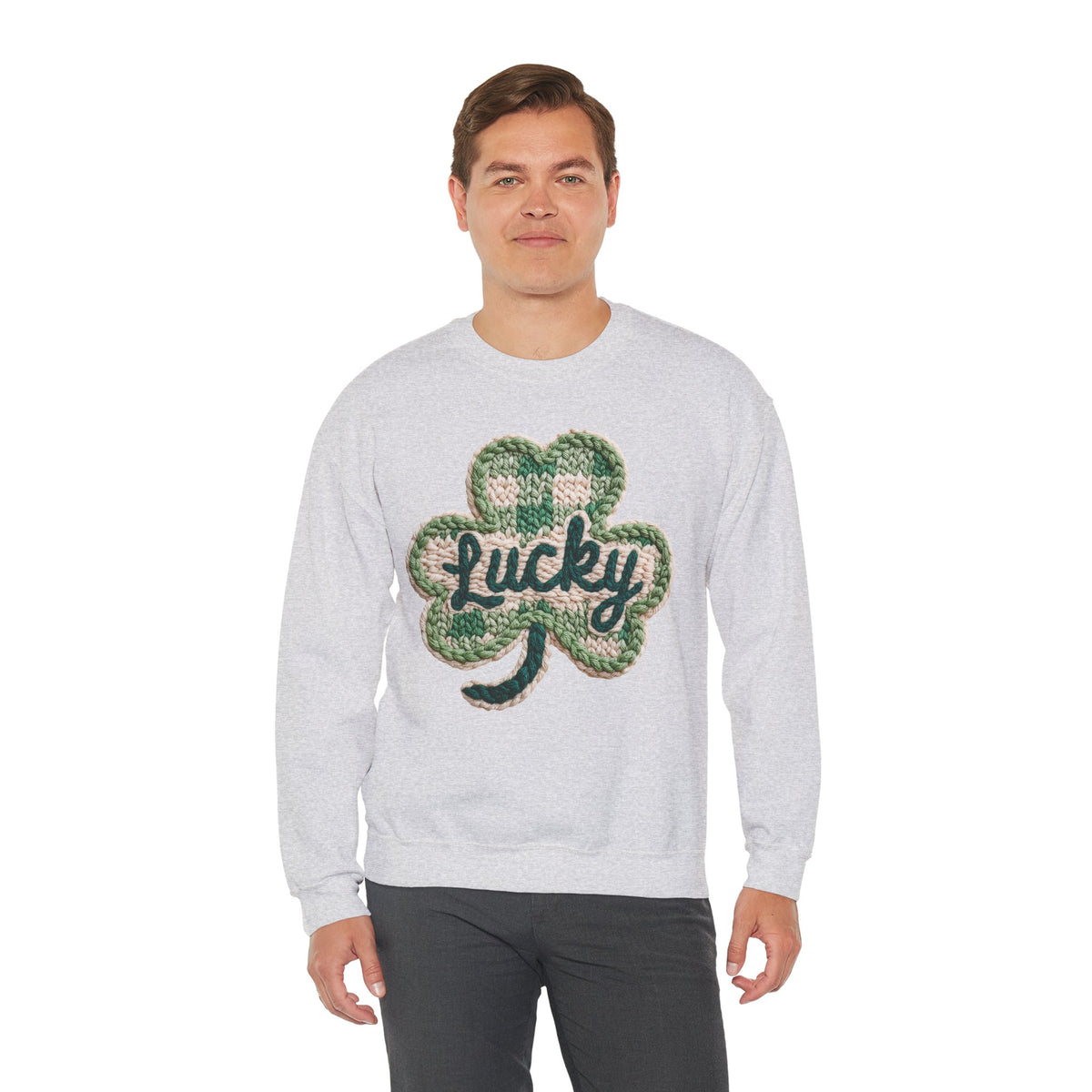 Lucky Shamrock Faux Knit – Gildan Heavy Blend | Trendy Men's and Women’s Soft Sweatshirt. Direct to Garment. Printed & Shipped in the USA. Unisex Sizes.