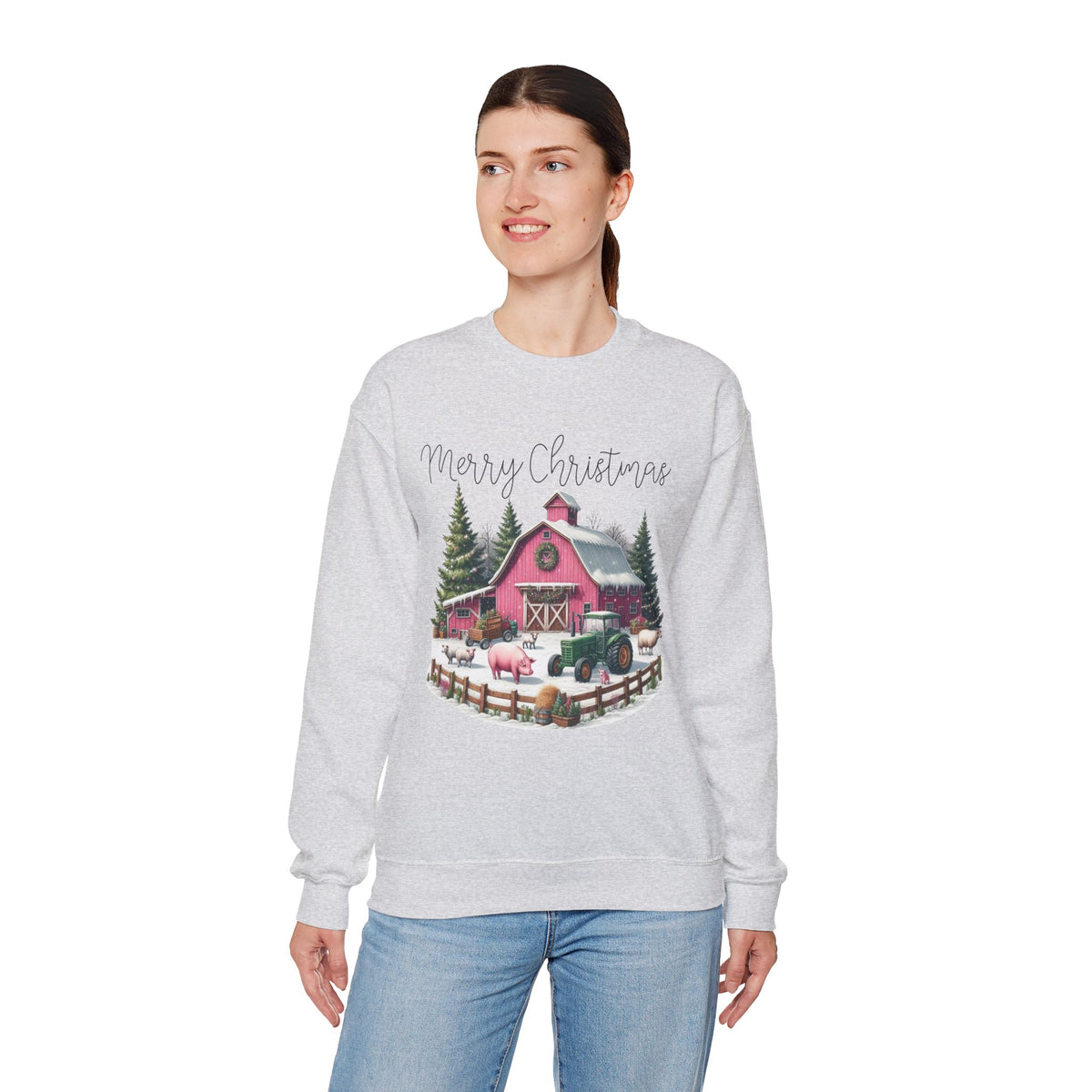 Merry Christmas Pink Barn Farm Animals – Gildan Heavy Blend | Trendy Women’s Soft Sweatshirt. Direct to Garment. Printed & Shipped in the USA. Unisex Sizes.