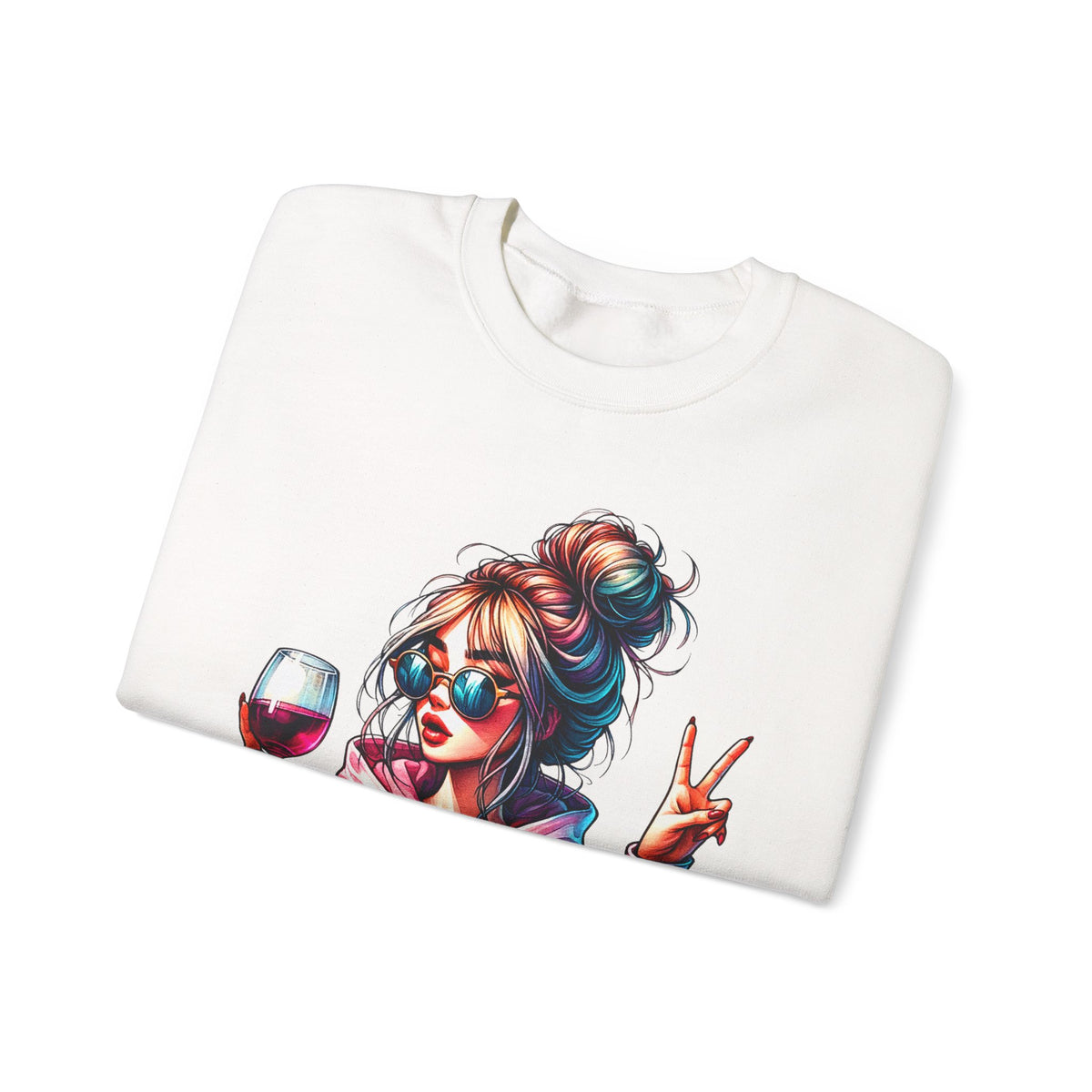 Dramatic Girl With Wine Messy Bun Peace Sign – Gildan Heavy Blend | Trendy Women’s Soft Sweatshirt. Direct to Garment. Printed & Shipped in the USA. Unisex Sizes.