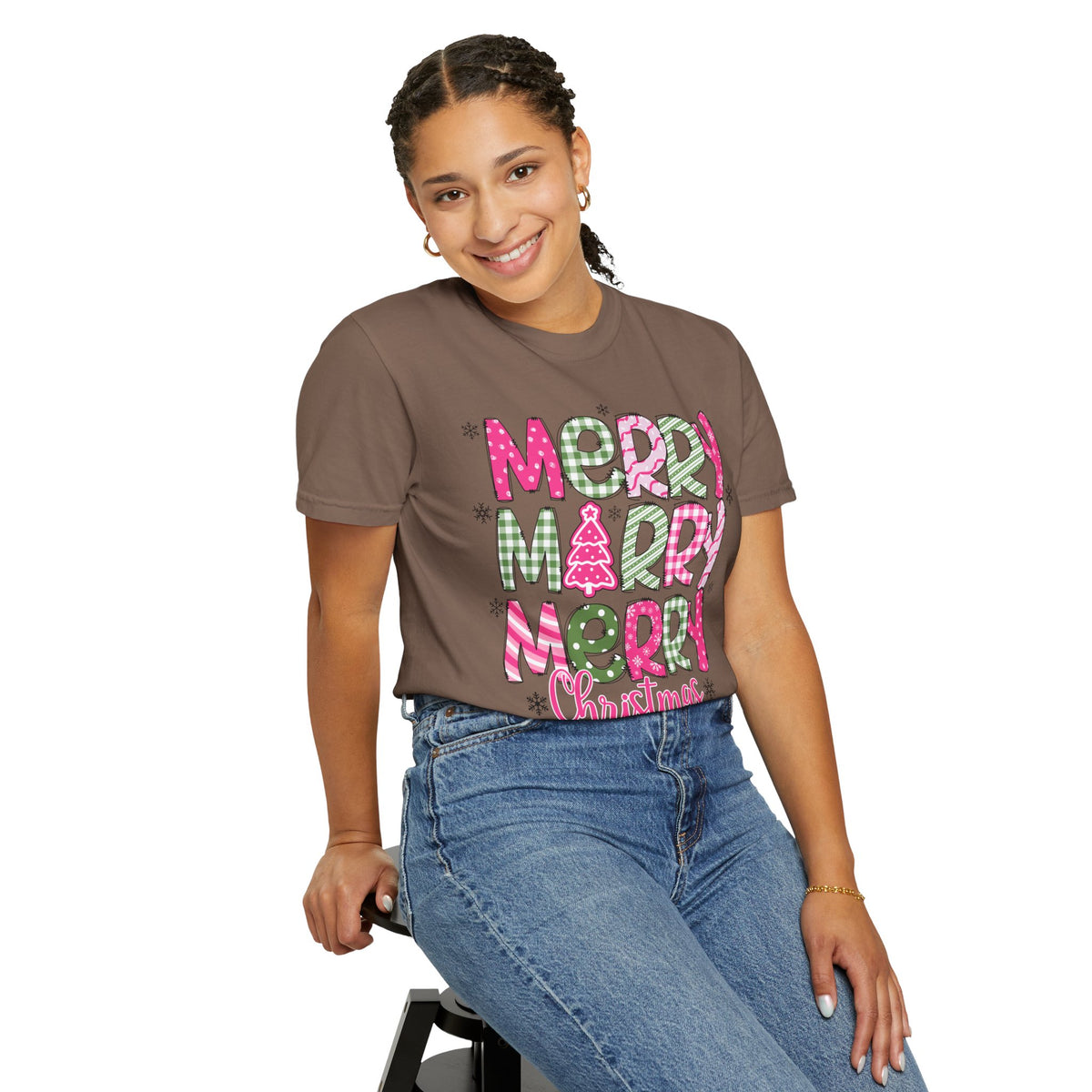 Merry Merry Merry Christmas, Festive Candy Cane & Pink and Green Plaid - Comfort Colors | Trendy Women's T-Shirt. Direct to Garment. Printed & Shipped in the USA. Unisex Sizes.