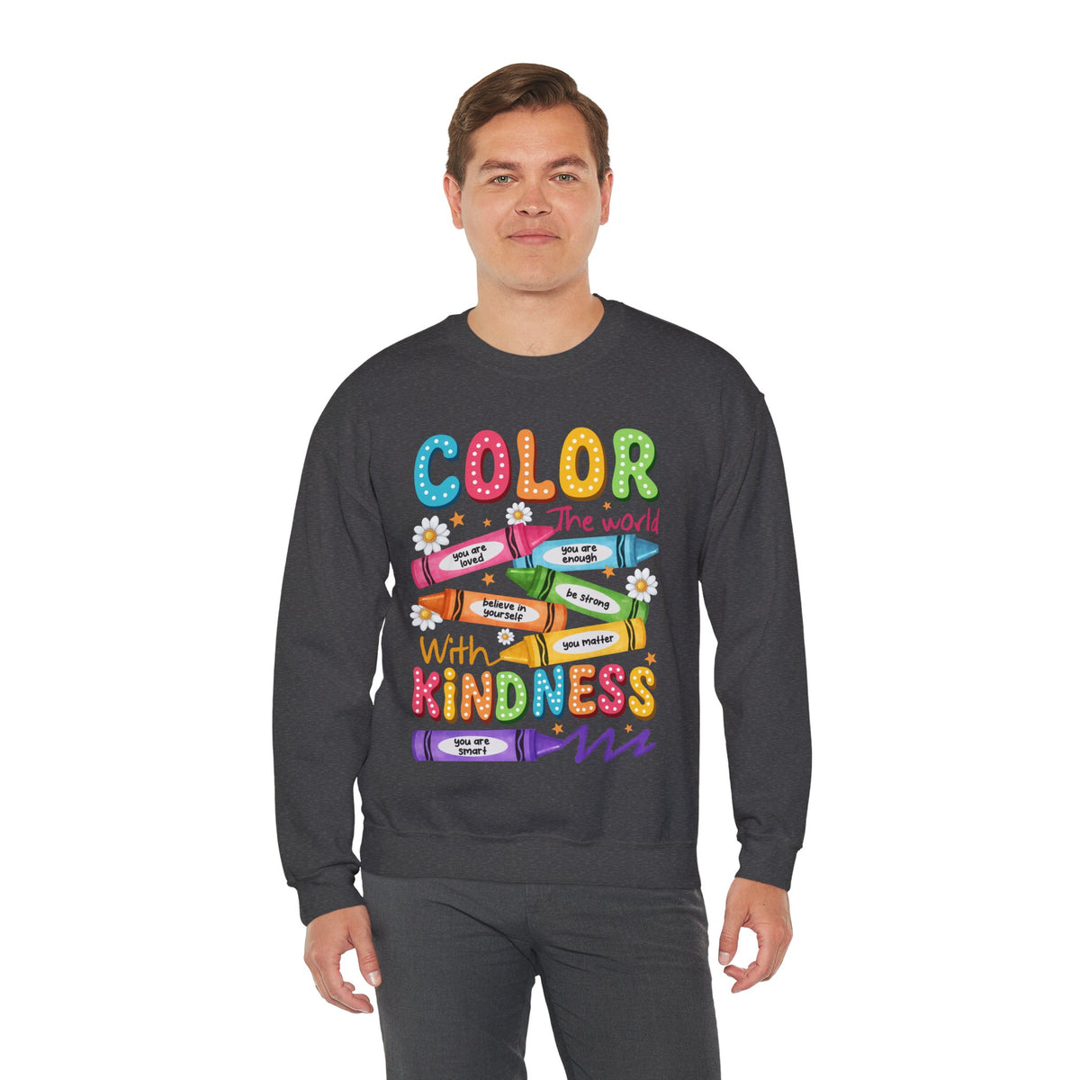 Color the World With Kindness Crayons, Great Teacher Gift – Gildan Heavy Blend | Trendy Women’s and Men's Soft Sweatshirt. Direct to Garment. Printed & Shipped in the USA. Unisex Sizes.