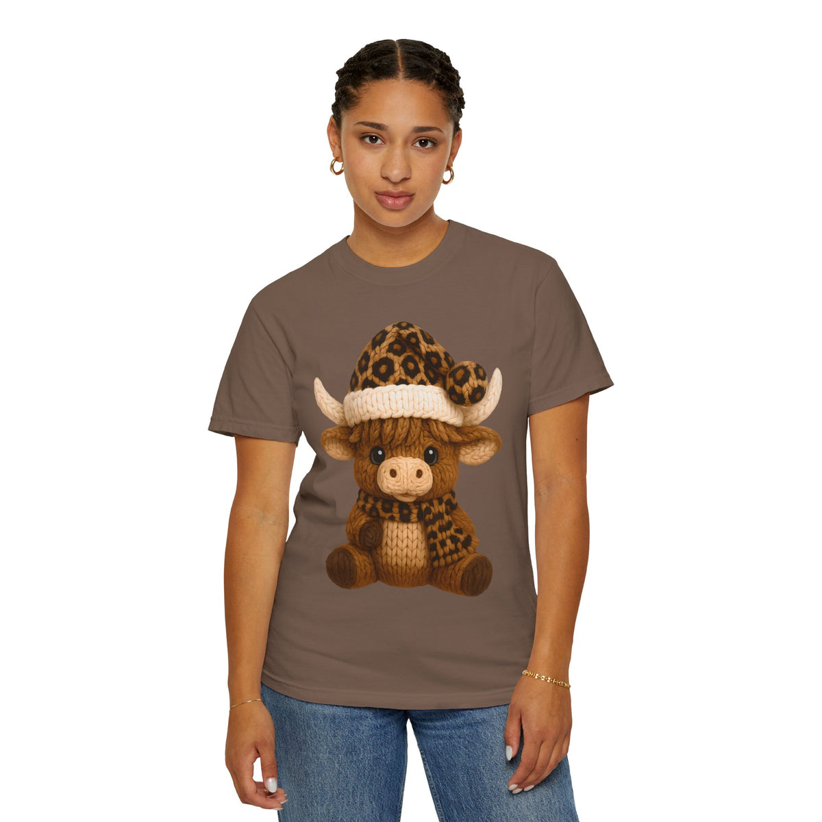 Cute Highland Cow with Leopard Santa Hat Christmas - Comfort Colors | Trendy Women's T-Shirt. Direct to Garment. Printed & Shipped in the USA. Unisex Sizes.