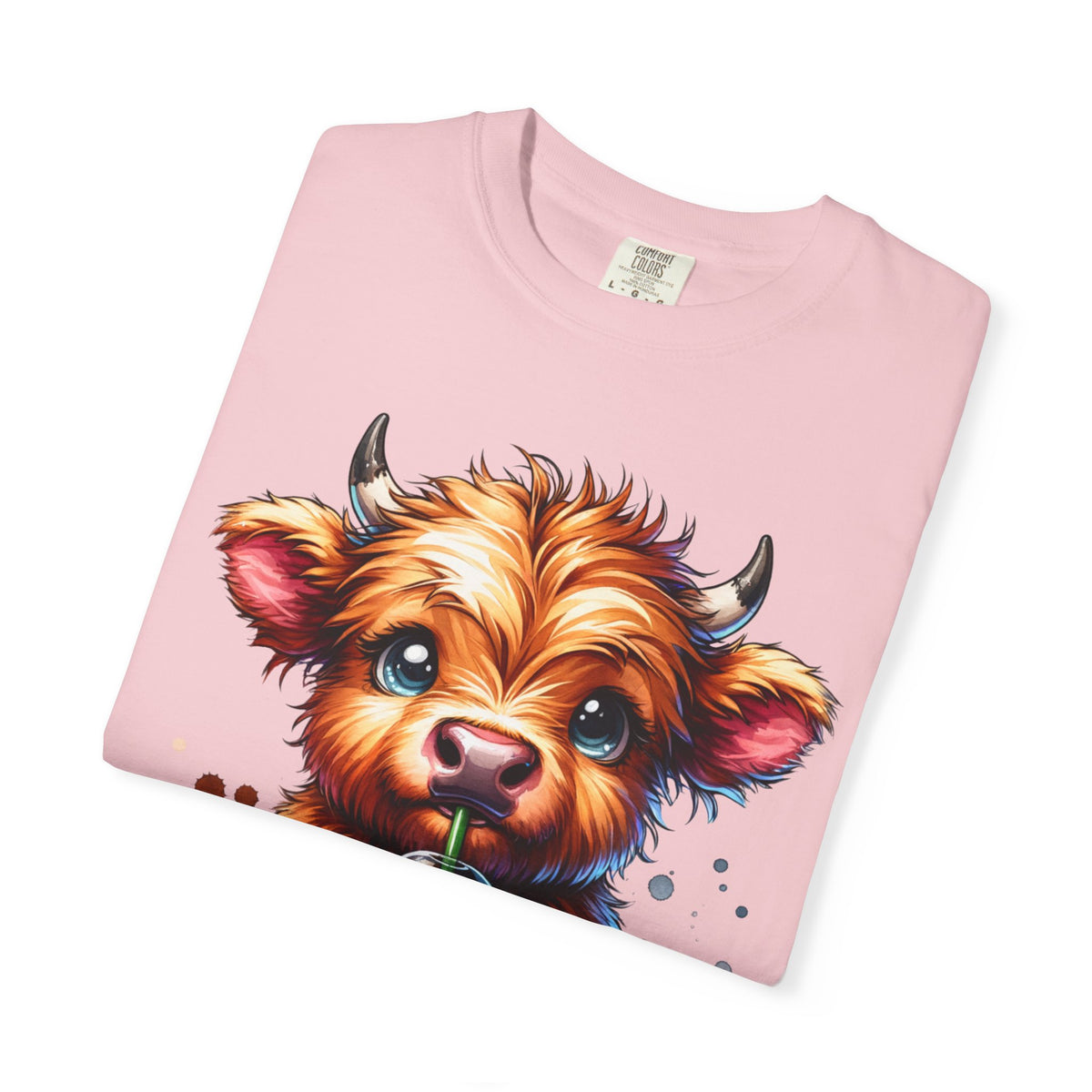 Coffee Addict Highland Cow Drinking Iced Coffee - Comfort Colors | Trendy Women's T-Shirt. Direct to Garment. Printed & Shipped in the USA. Unisex Sizes.