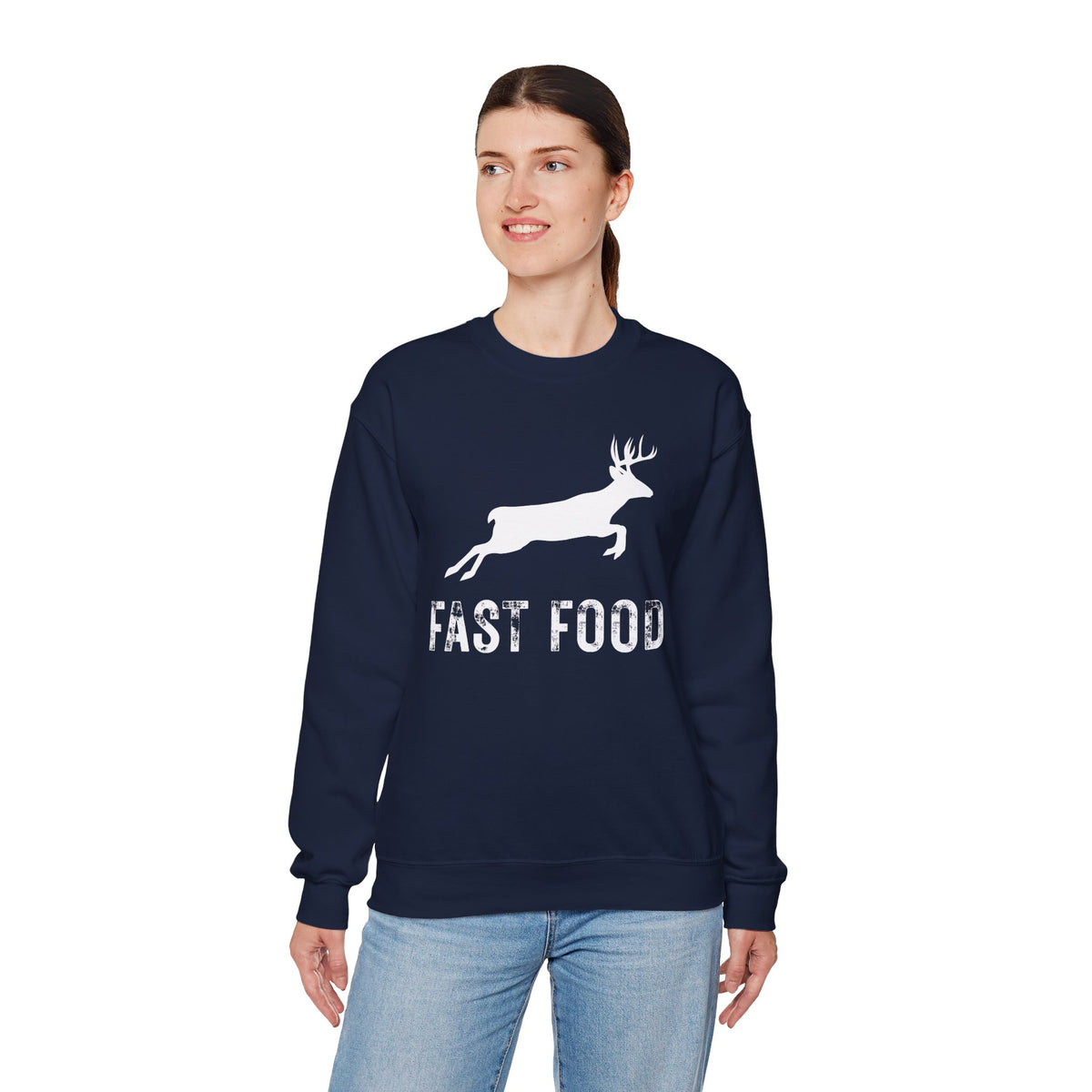 Fast Food Deer Hunting Humor Distressed – Gildan Heavy Blend | Trendy Men's and Women’s Soft Sweatshirt. Direct to Garment. Printed & Shipped in the USA. Unisex Sizes.
