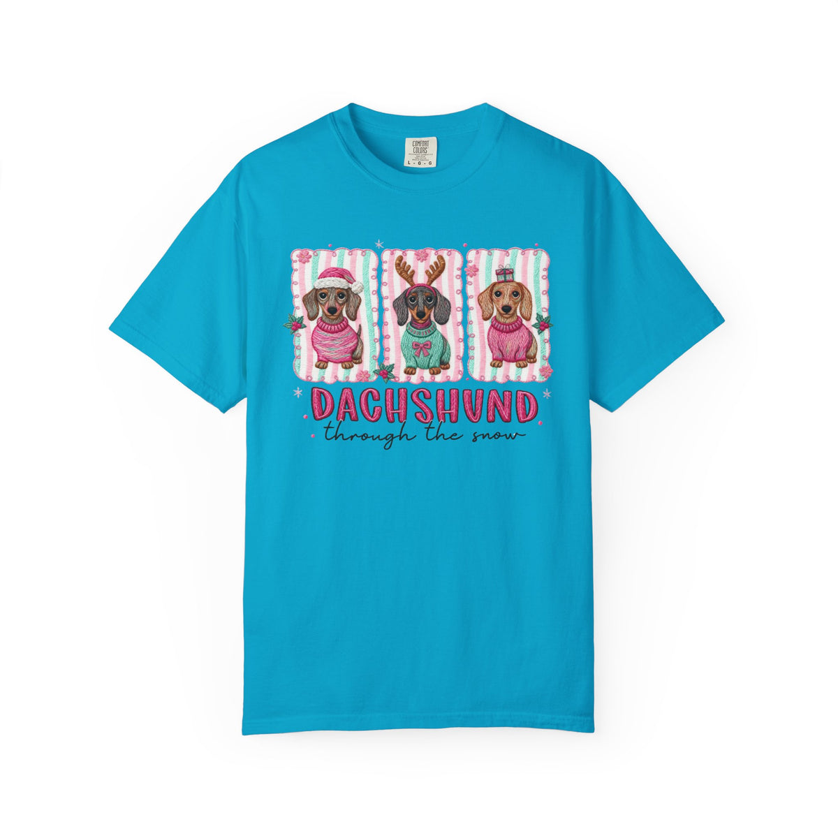 Dachshund Through the Snow - Comfort Colors | Trendy Women's T-Shirt. Direct to Garment. Printed & Shipped in the USA. Unisex Sizes.