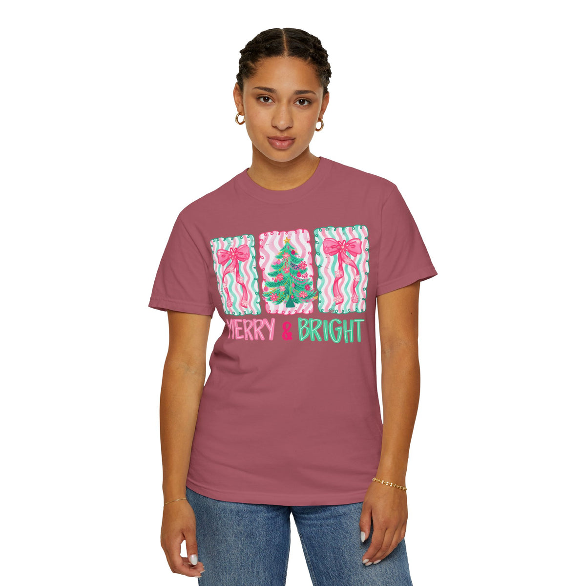 Merry & Bright Christmas — Pink & Green Holiday Tree Design - Comfort Colors | Trendy Women's T-Shirt. Direct to Garment. Printed & Shipped in the USA. Unisex Sizes.