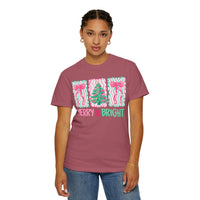 Merry & Bright Christmas — Pink & Green Holiday Tree Design - Comfort Colors | Trendy Women's T-Shirt. Direct to Garment. Printed & Shipped in the USA. Unisex Sizes.