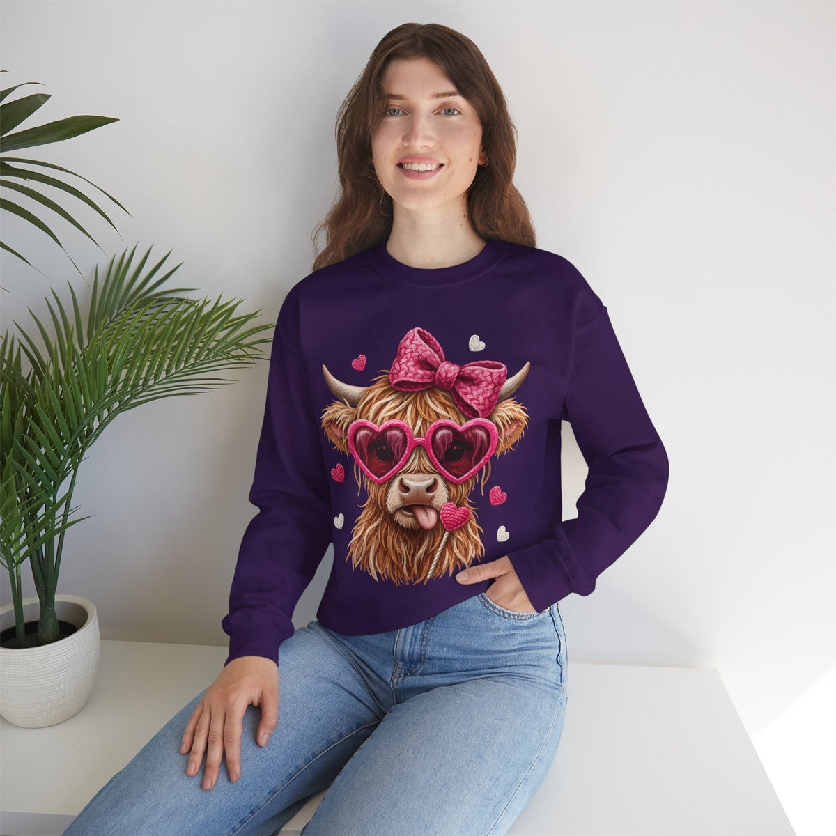 Highland Cow - Pink Heart Shaped Glasses – Gildan Heavy Blend | Trendy Women’s Soft Sweatshirt. Direct to Garment. Printed & Shipped in the USA. Unisex Sizes.