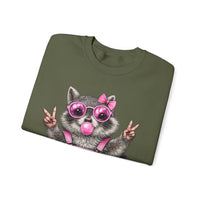 Cute But Feral, Raccoon in Pink Bibs – Gildan Heavy Blend | Trendy Women’s Soft Sweatshirt. Direct to Garment. Printed & Shipped in the USA. Unisex Sizes.