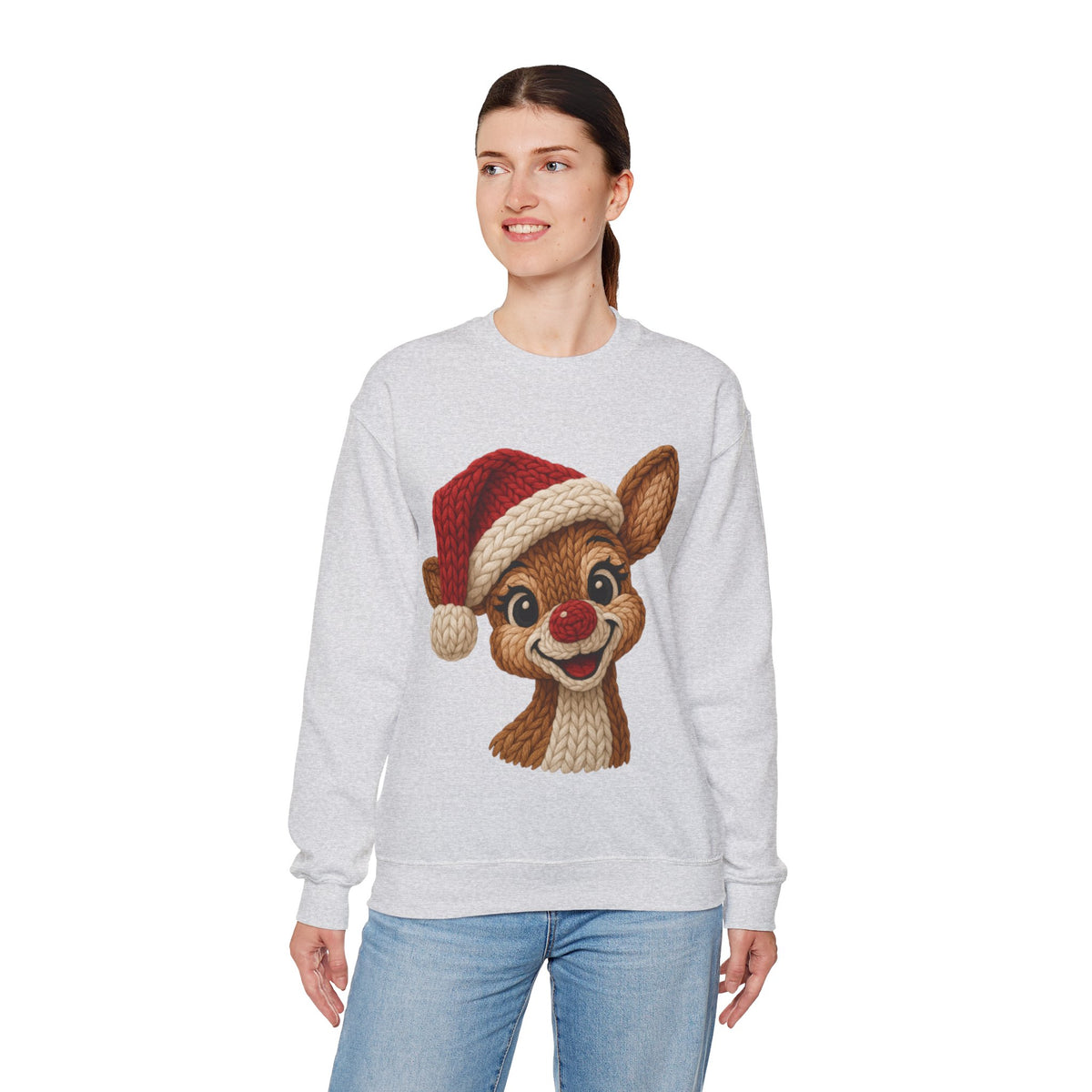 Cute Rudolph Faux Knit Look Reindeer w/Santa Hat – Gildan Heavy Blend | Trendy Women’s Soft Sweatshirt. Direct to Garment. Printed & Shipped in the USA. Unisex Sizes.