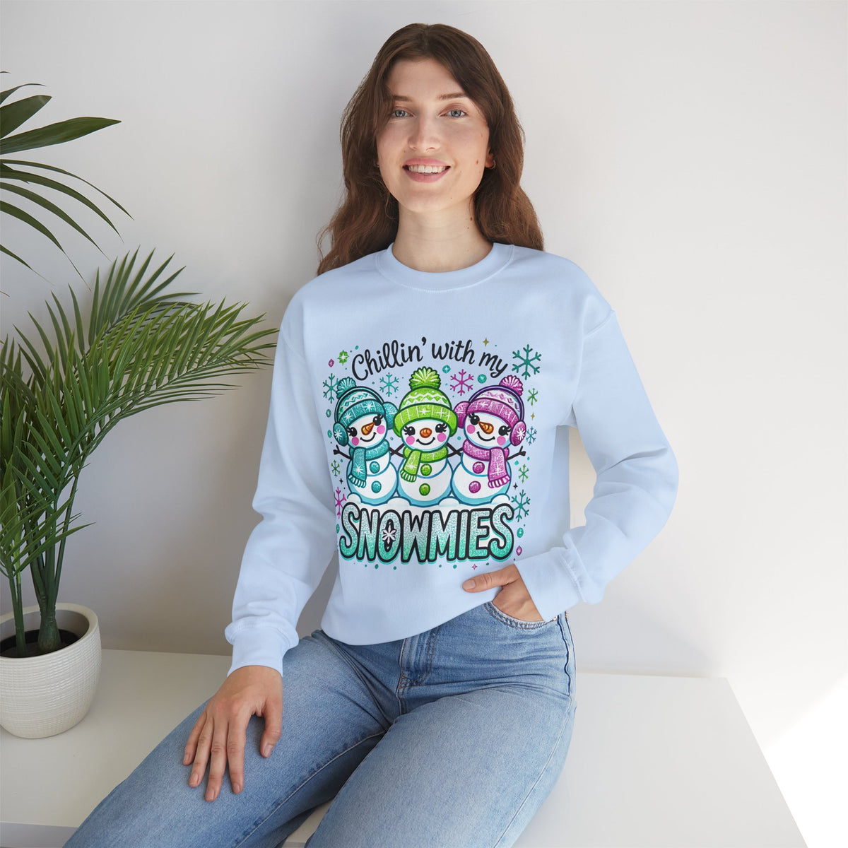 Chillin' With My Snowmies, Winter Snowman – Gildan Heavy Blend | Trendy Women’s Soft Sweatshirt. Direct to Garment. Printed & Shipped in the USA. Unisex Sizes.