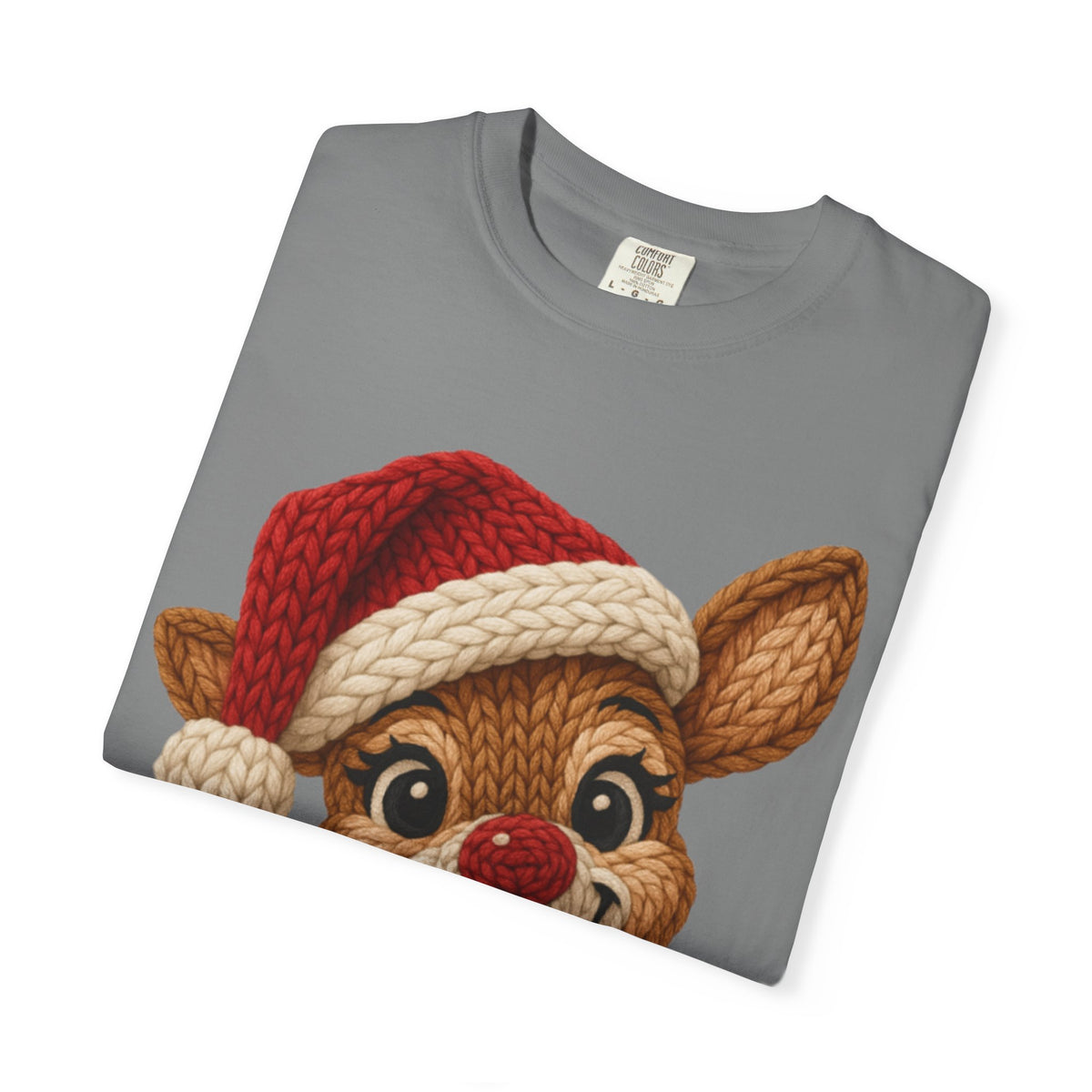 Cute Rudolph Faux Knit Look Reindeer w/Santa Hat - Comfort Colors | Trendy Women's T-Shirt. Direct to Garment. Printed & Shipped in the USA. Unisex Sizes.