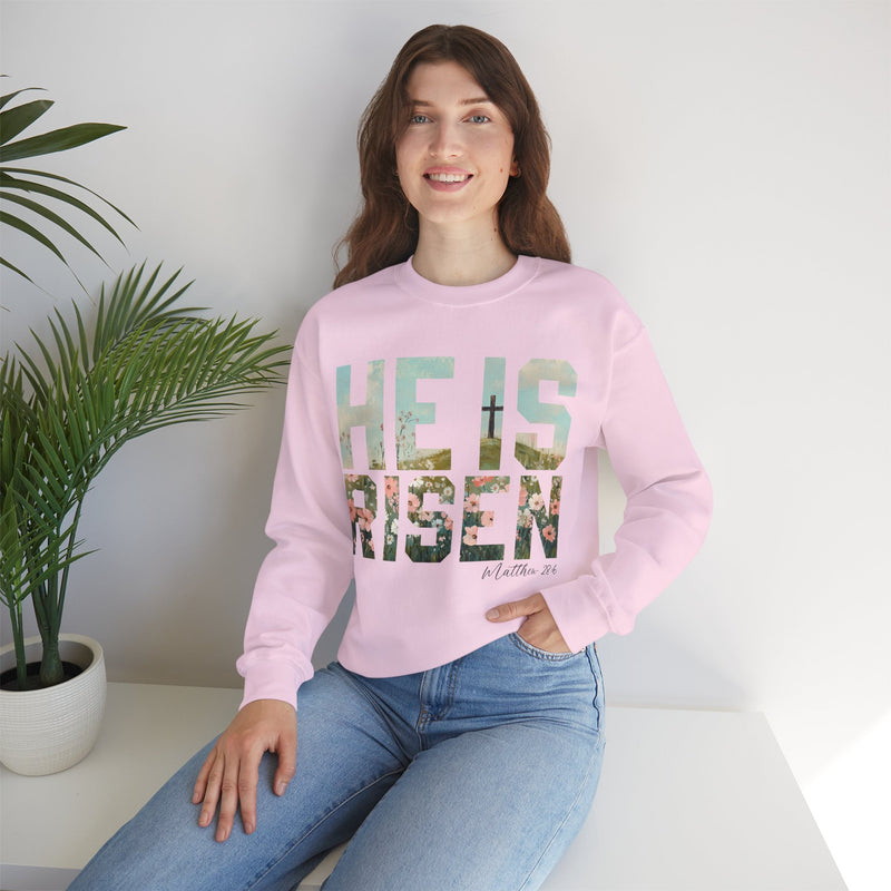He Is Risen, Christian Floral Easter – Gildan Heavy Blend | Trendy Women’s Soft Sweatshirt. Direct to Garment. Printed & Shipped in the USA. Unisex Sizes.