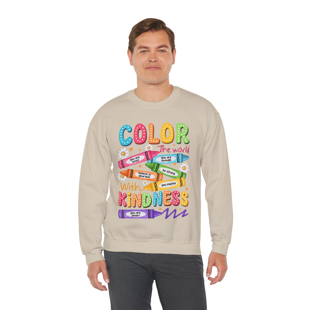 Color the World With Kindness Crayons, Great Teacher Gift – Gildan Heavy Blend | Trendy Women’s and Men's Soft Sweatshirt. Direct to Garment. Printed & Shipped in the USA. Unisex Sizes.