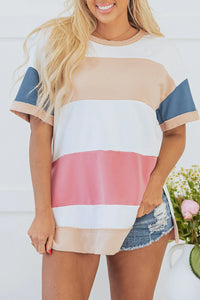 Multicolour Colorblock Patchwork Side Split Tunic T Shirt