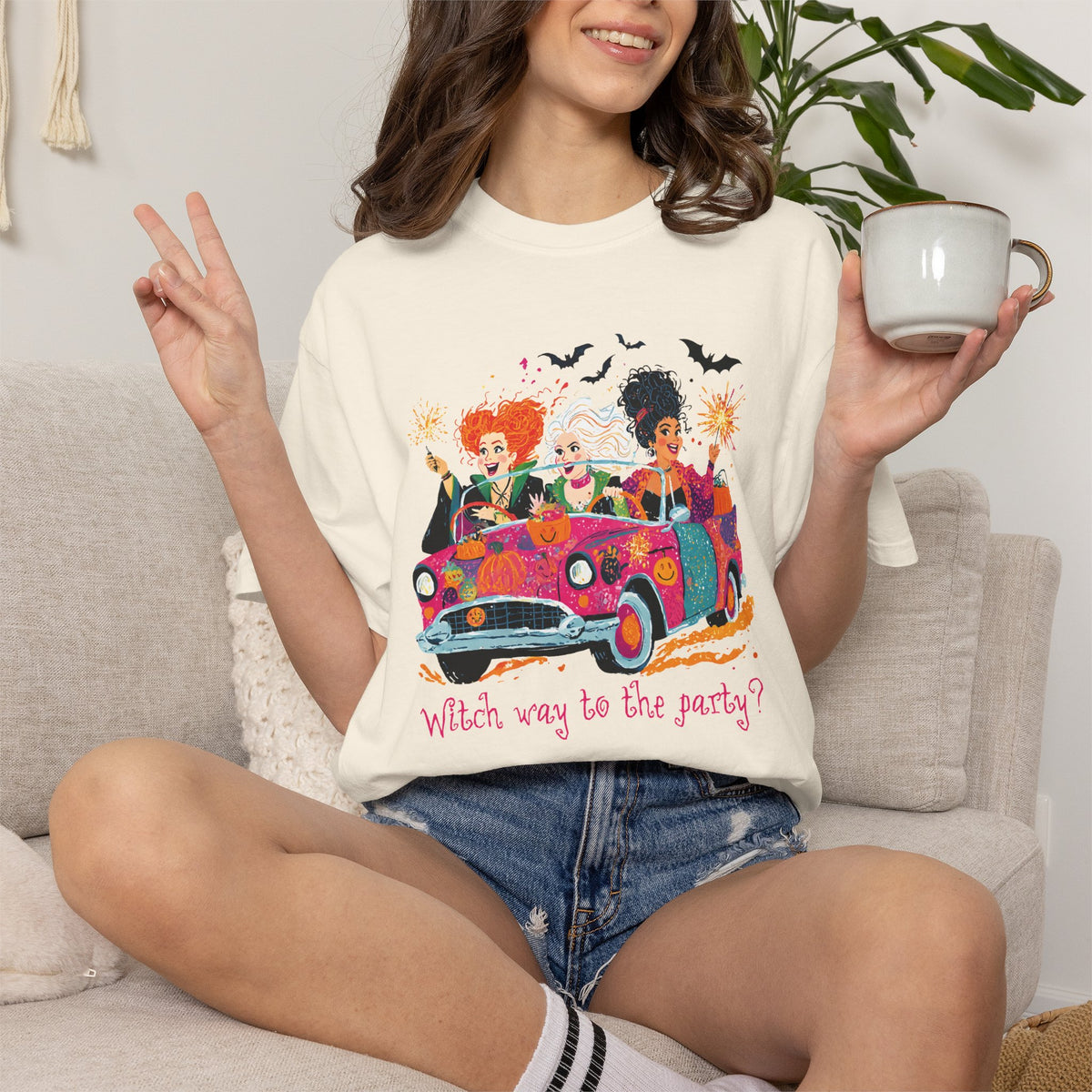 Witch Way to the Party? - Comfort Colors | Trendy Women's T-Shirt. Direct to Garment. Printed & Shipped in the USA. Unisex Sizes.