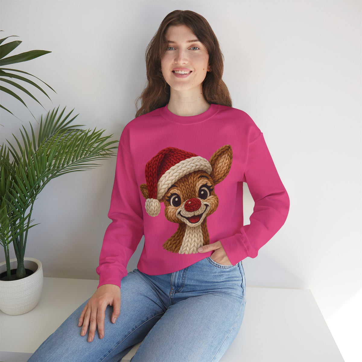 Cute Rudolph Faux Knit Look Reindeer w/Santa Hat – Gildan Heavy Blend | Trendy Women’s Soft Sweatshirt. Direct to Garment. Printed & Shipped in the USA. Unisex Sizes.