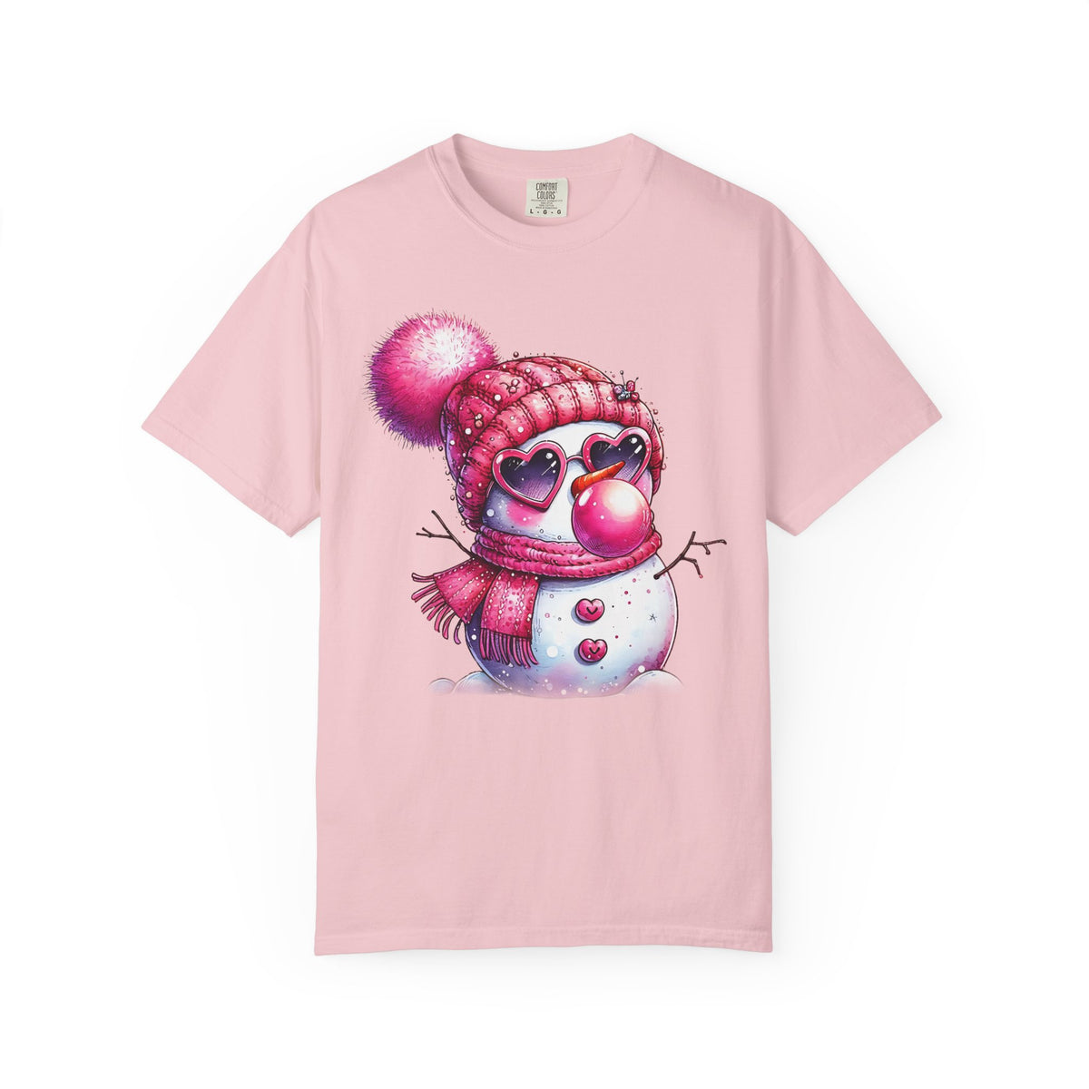 Pink Girly Snowman with Heart Sunglasses and Bubblegum Winter - Comfort Colors | Trendy Women's T-Shirt. Direct to Garment. Printed & Shipped in the USA. Unisex Sizes.