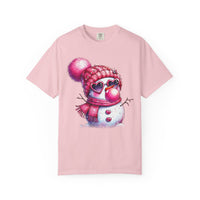 Pink Girly Snowman with Heart Sunglasses and Bubblegum Winter - Comfort Colors | Trendy Women's T-Shirt. Direct to Garment. Printed & Shipped in the USA. Unisex Sizes.