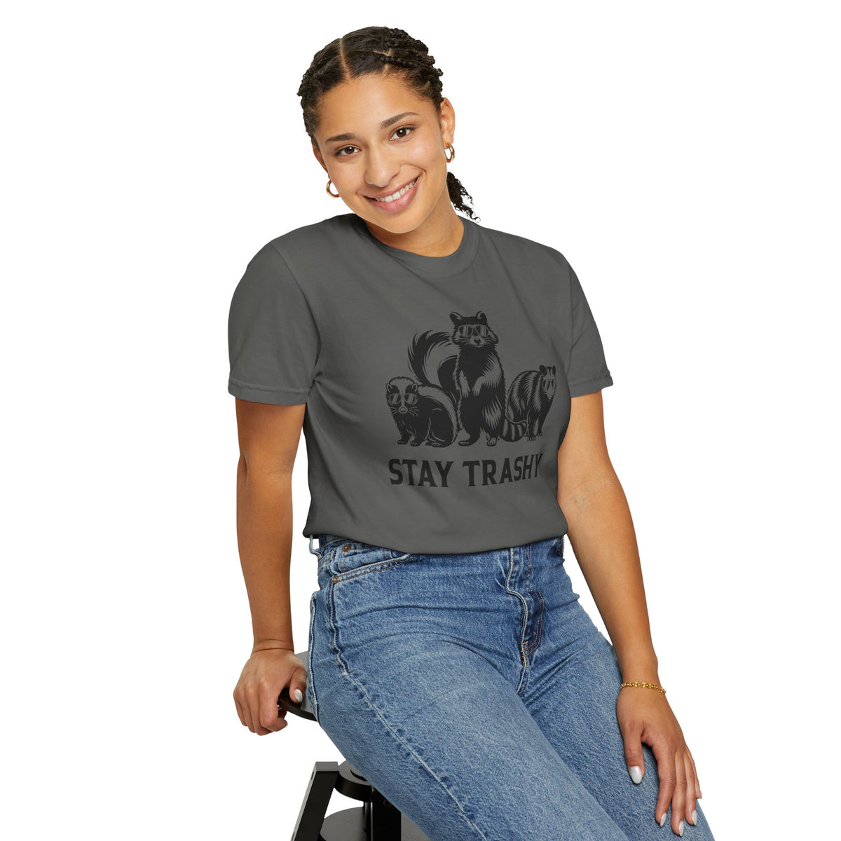 Stay Trashy, Skunk Raccoon Possum - Comfort Colors | Trendy Women's and Men's T-Shirt. Direct to Garment. Printed & Shipped in the USA. Unisex Sizes.