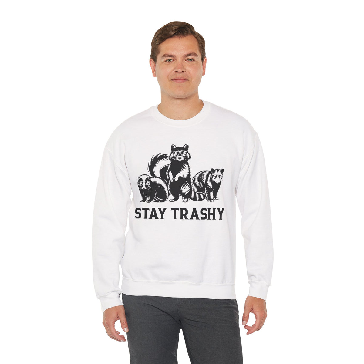 Stay Trashy, Skunk Raccoon Possum – Gildan Heavy Blend | Trendy Women’s and Men's Soft Sweatshirt. Direct to Garment. Printed & Shipped in the USA. Unisex Sizes.