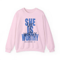 She Is Worthy – Gildan Heavy Blend | Trendy Women’s Soft Sweatshirt. Direct to Garment. Printed & Shipped in the USA. Unisex Sizes.