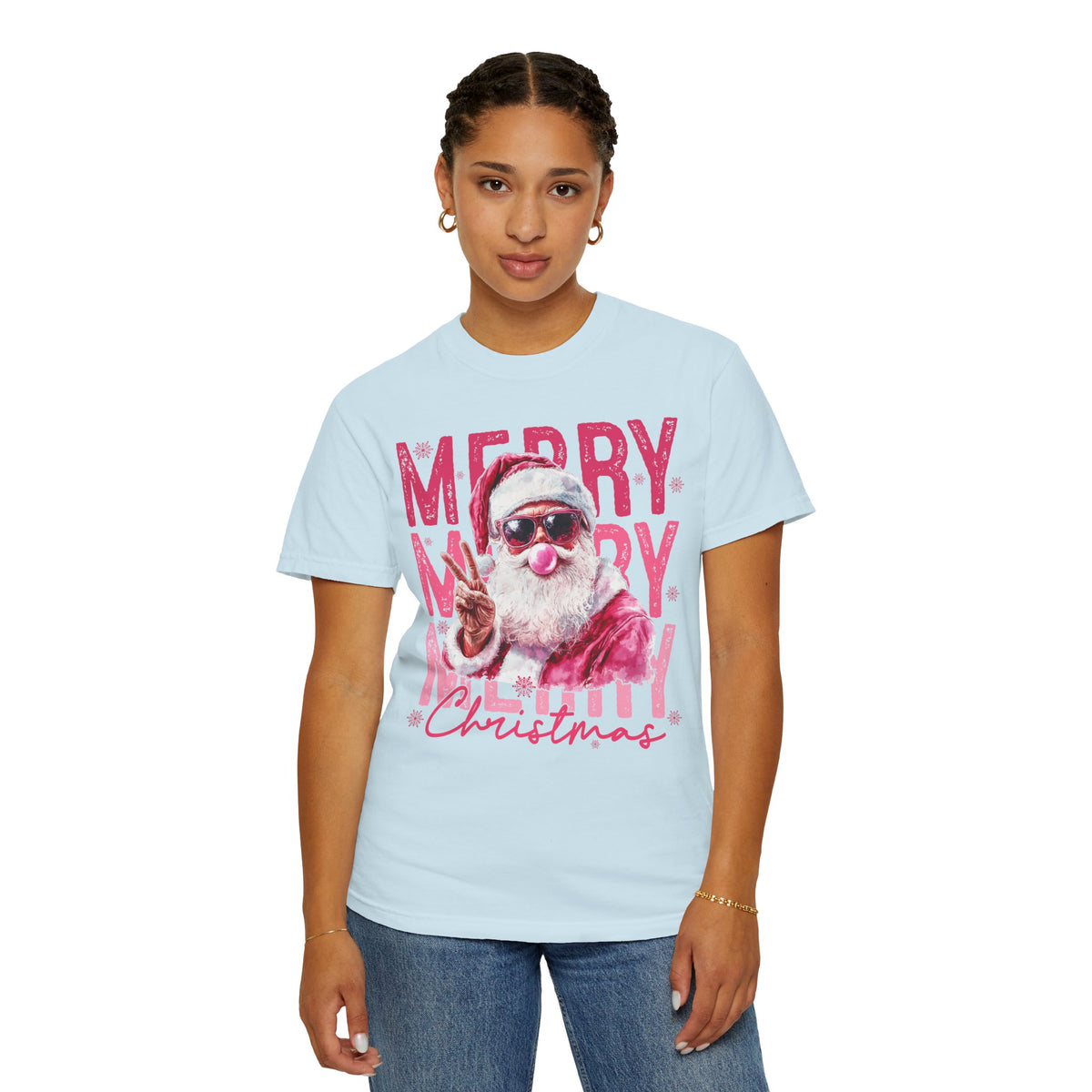Pink Merry Christmas Bubblegum Santa - Comfort Colors | Trendy Women's T-Shirt. Direct to Garment. Printed & Shipped in the USA. Unisex Sizes.