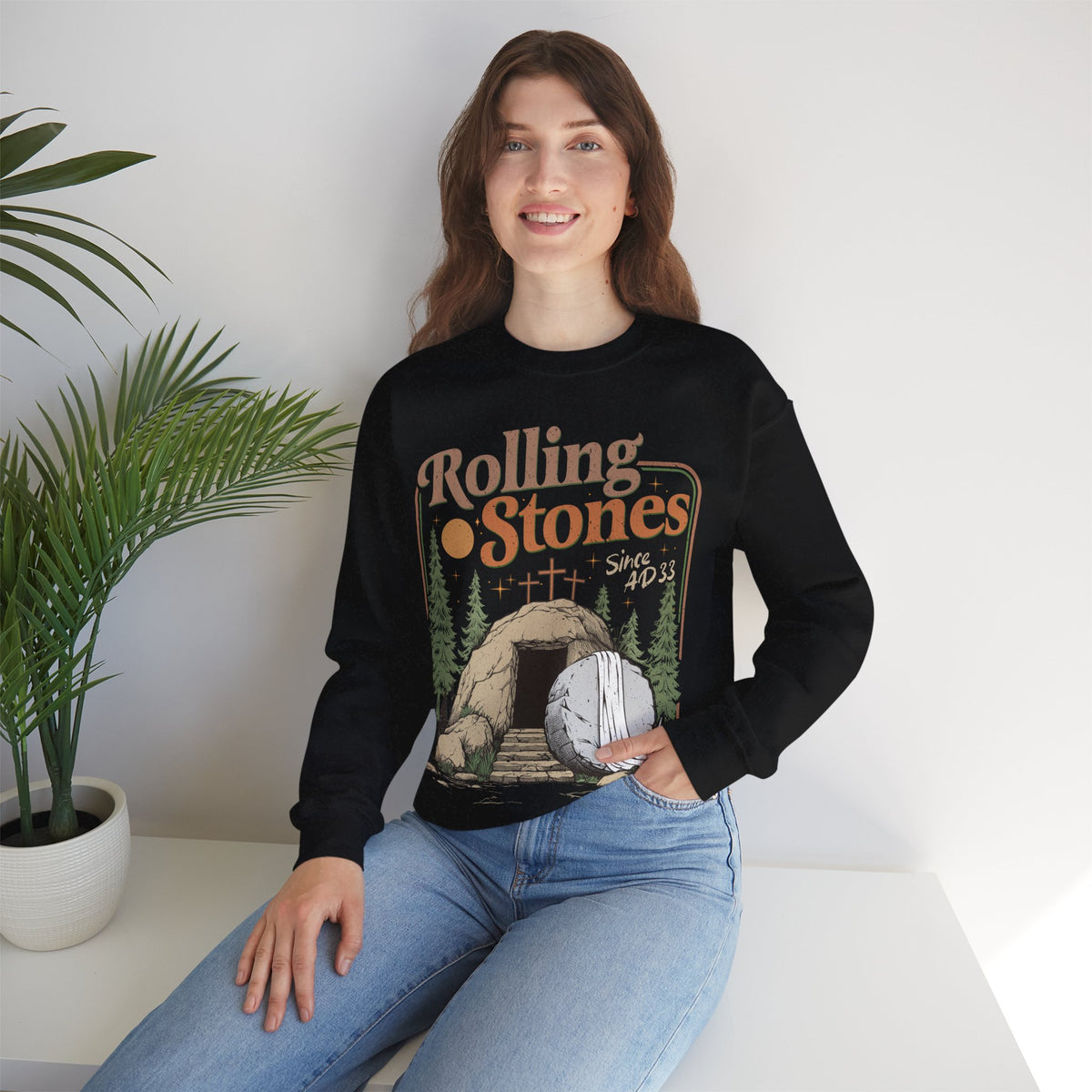 Rolling Stones "Since AD33" Easter Empty Tomb Christian – Gildan Heavy Blend | Trendy Men's and Women’s Soft Sweatshirt. Direct to Garment. Printed & Shipped in the USA. Unisex Sizes.