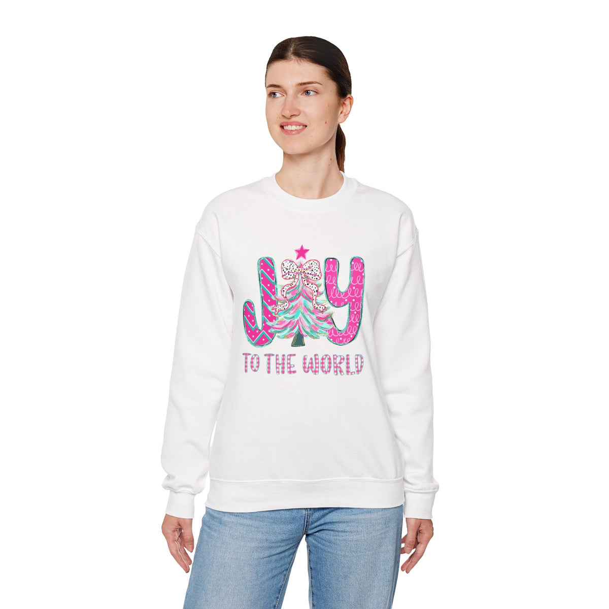 Joy to the World w/Christmas Tree Pink and Teal – Gildan Heavy Blend | Trendy Women’s Soft Sweatshirt. Direct to Garment. Printed & Shipped in the USA. Unisex Sizes.