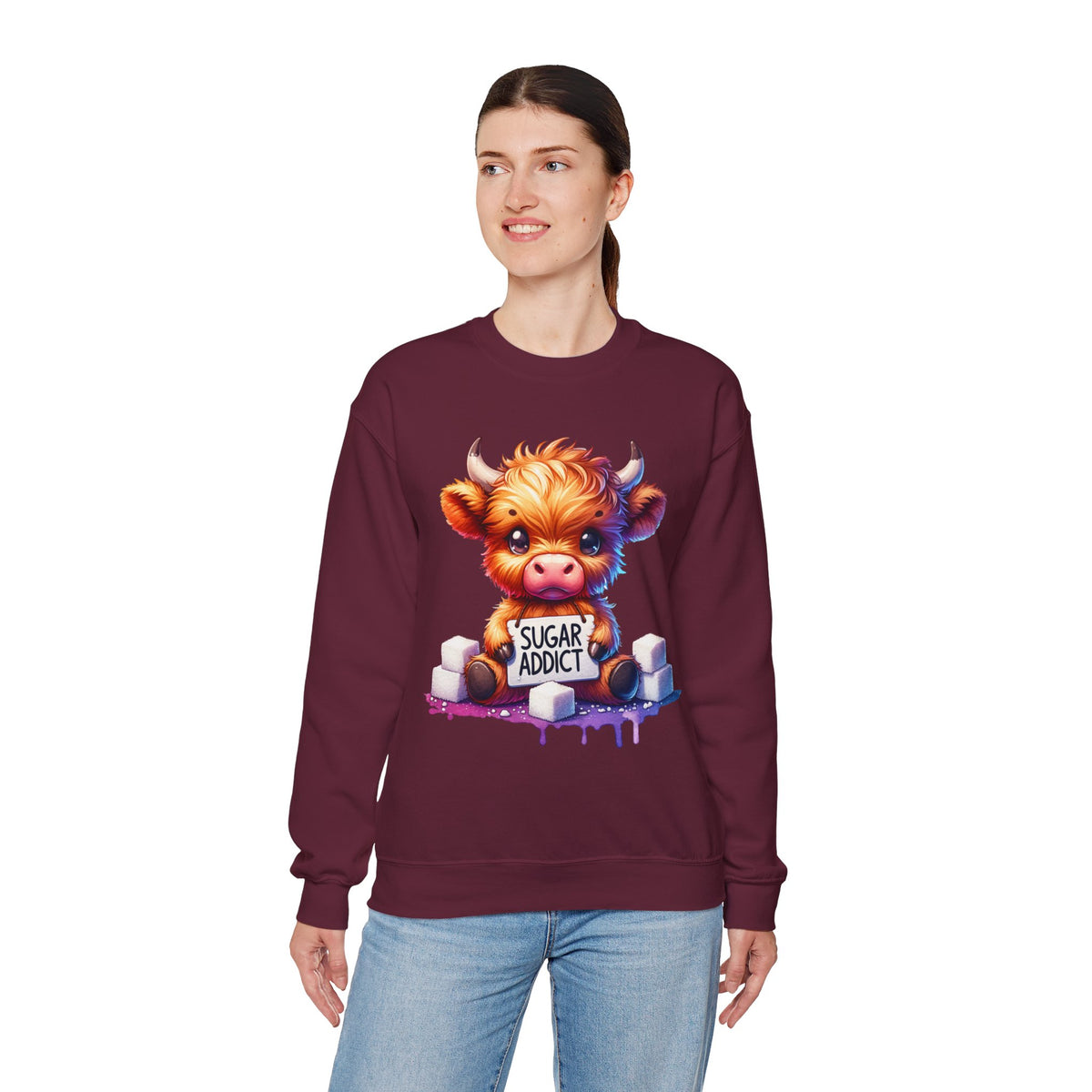 Sugar Addict Highland Cow – Gildan Heavy Blend | Trendy Women’s Soft Sweatshirt. Direct to Garment. Printed & Shipped in the USA. Unisex Sizes.