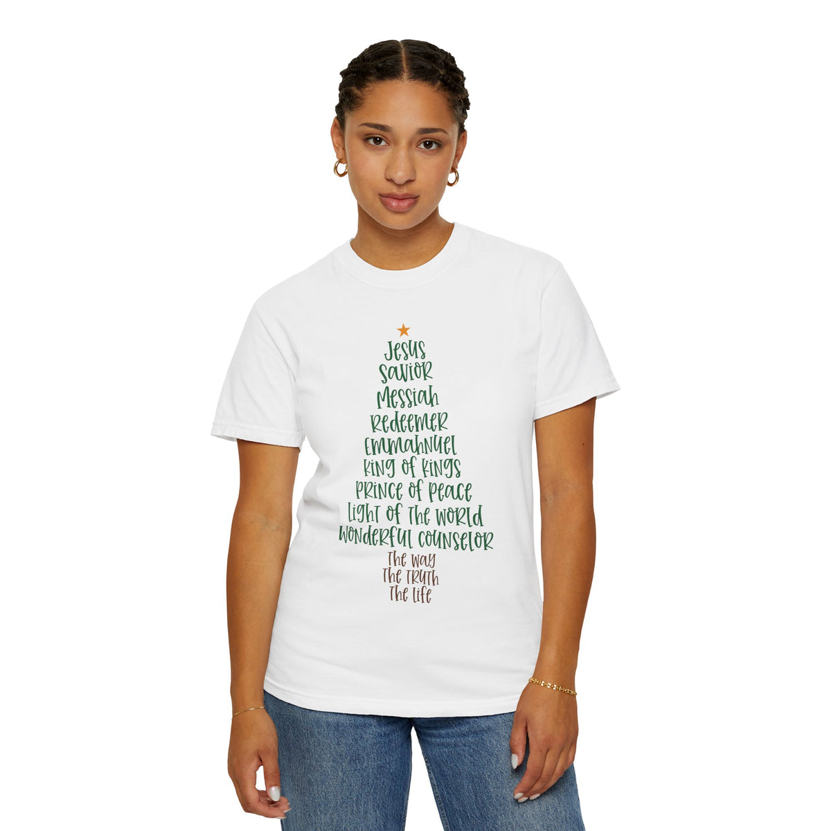Jesus Name Christmas Tree - Comfort Colors | Trendy Women's T-Shirt. Direct to Garment. Printed & Shipped in the USA. Unisex Sizes.