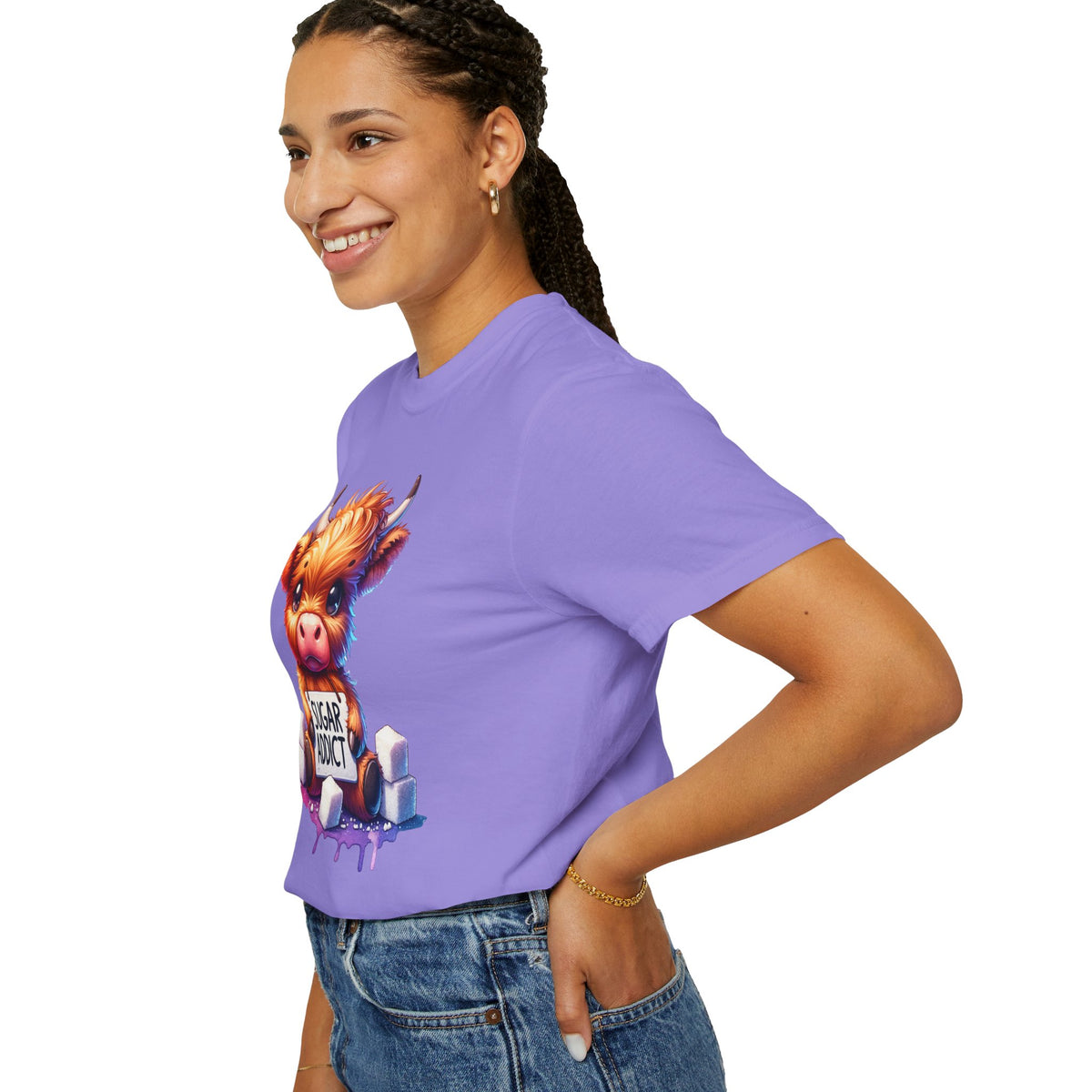 Sugar Addict Highland Cow - Comfort Colors | Trendy Women's T-Shirt. Direct to Garment. Printed & Shipped in the USA. Unisex Sizes.