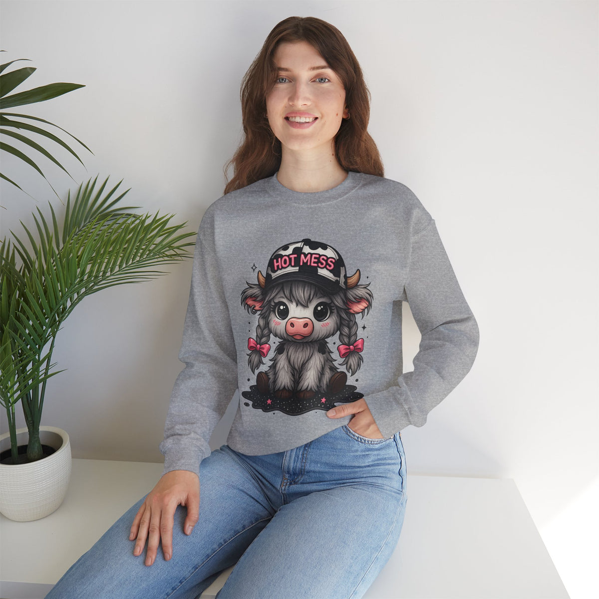 Cute Highland Cow 'Hot Mess' In Braids – Gildan Heavy Blend | Trendy Women’s Soft Sweatshirt. Direct to Garment. Printed & Shipped in the USA. Unisex Sizes.