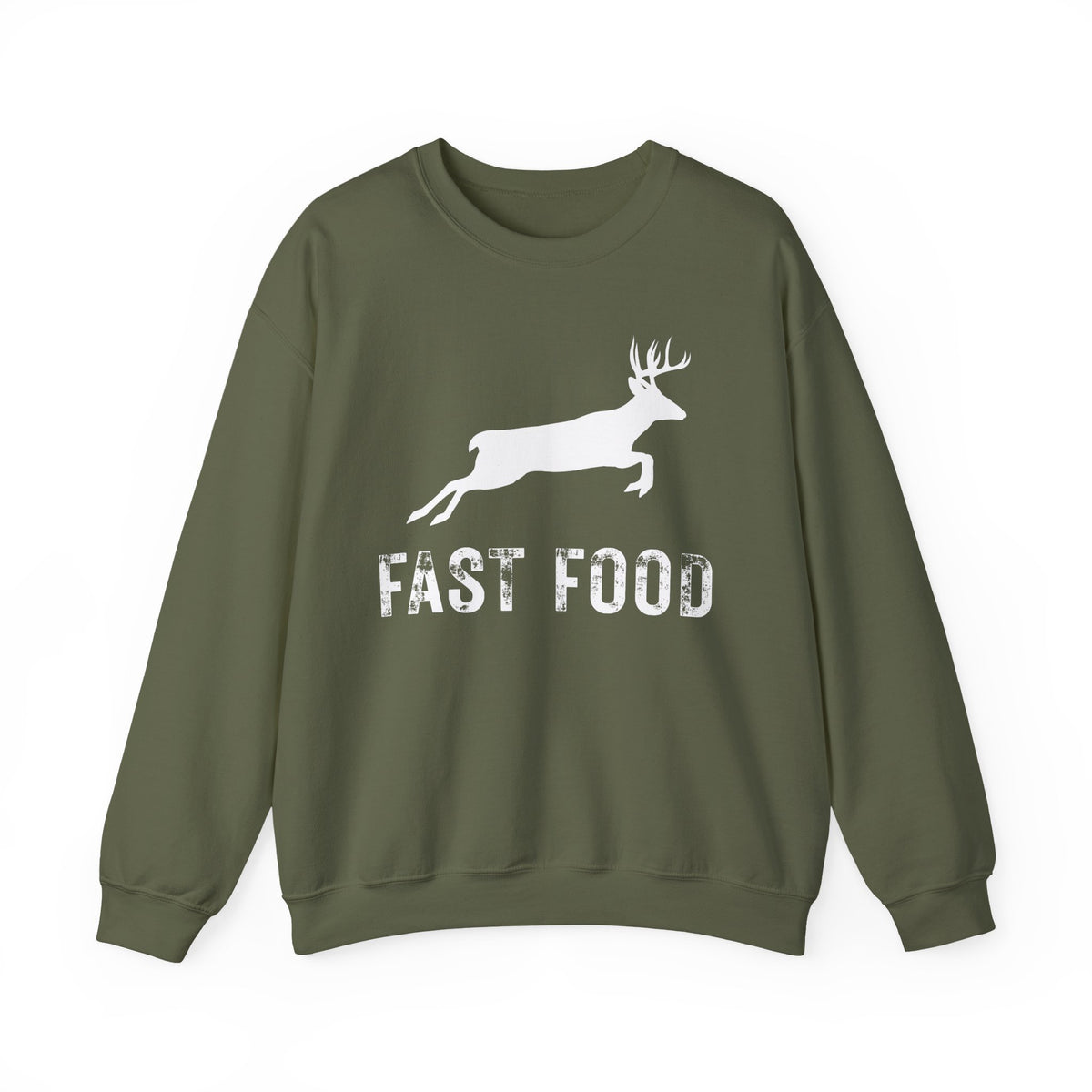 Fast Food Deer Hunting Humor Distressed – Gildan Heavy Blend | Trendy Men's and Women’s Soft Sweatshirt. Direct to Garment. Printed & Shipped in the USA. Unisex Sizes.