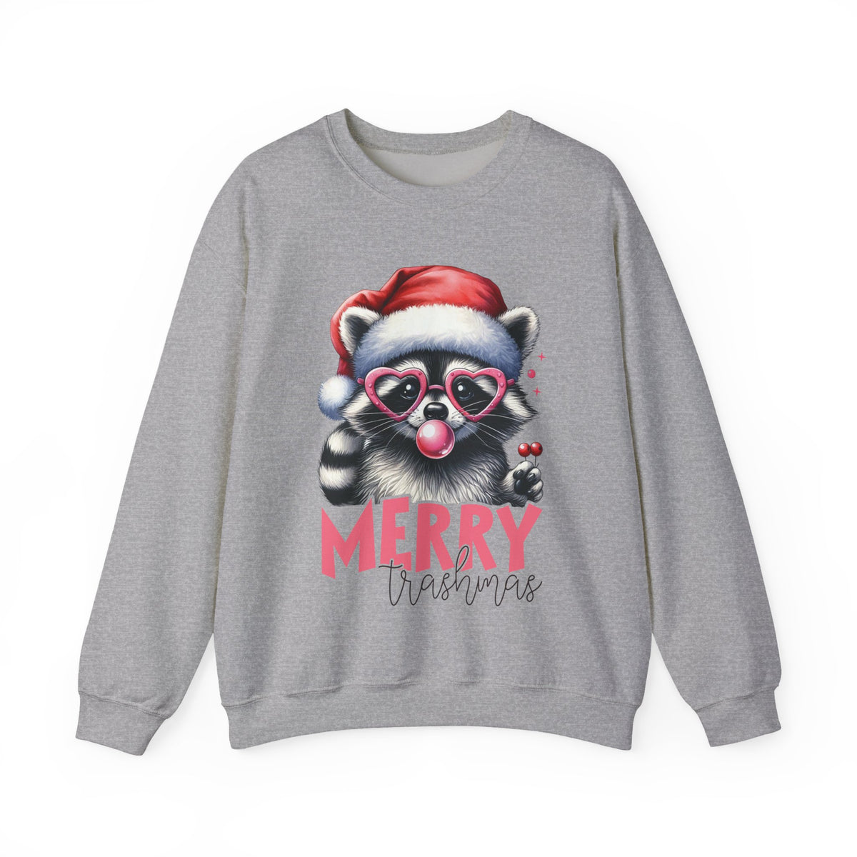 Merry Trashmas Bubblegum Raccoon w/Santa Hat Christmas – Gildan Heavy Blend | Trendy Women’s Soft Sweatshirt. Direct to Garment. Printed & Shipped in the USA. Unisex Sizes.