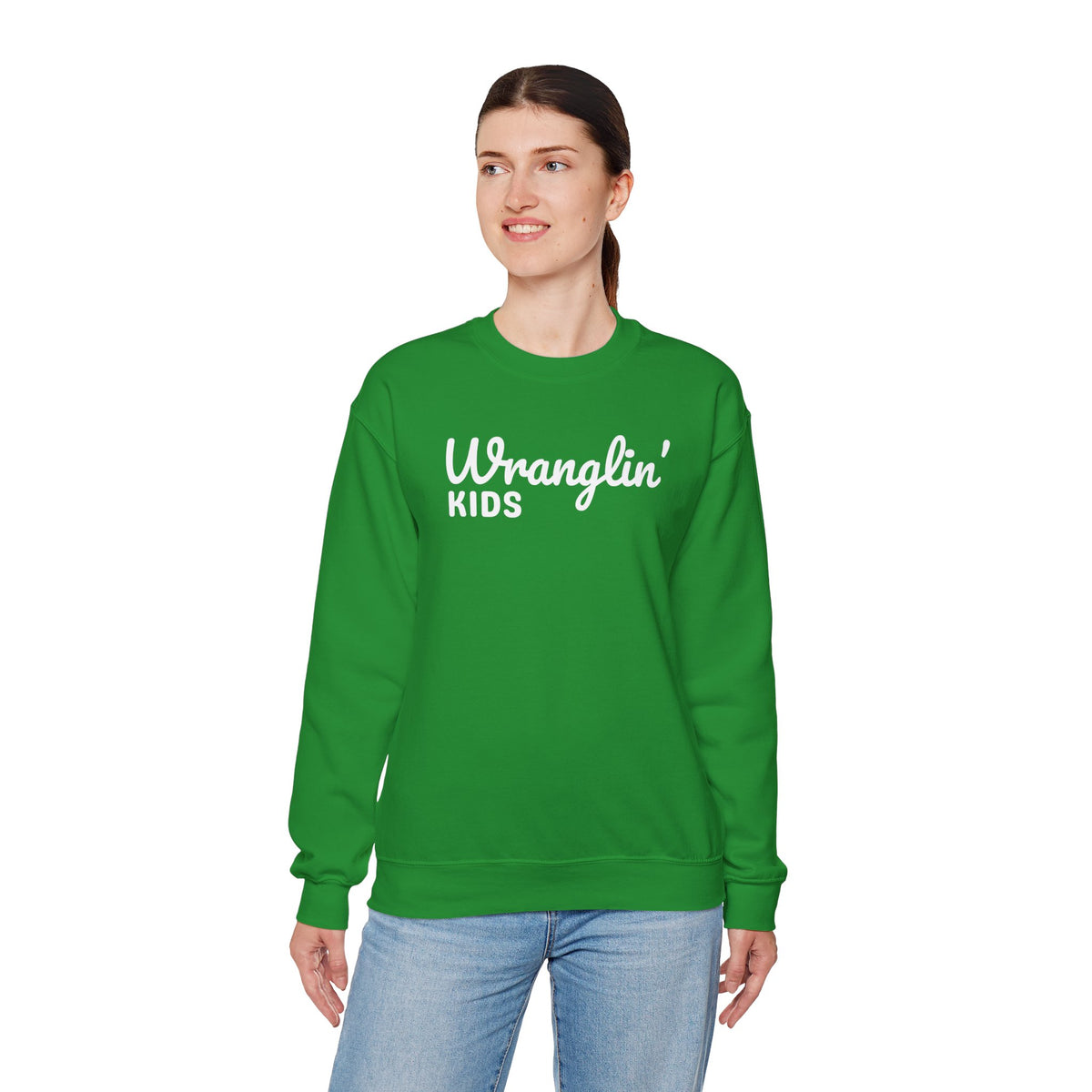 Wranglin' Kids Funny Mom Dad – Gildan Heavy Blend | Trendy Women’s and Men's Soft Sweatshirt. Direct to Garment. Printed & Shipped in the USA. Unisex Sizes.