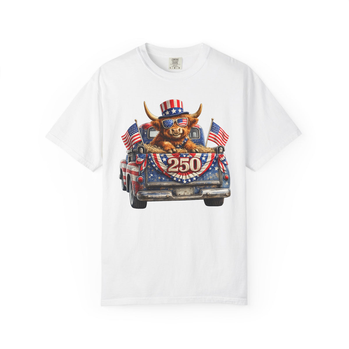 Patriotic Highland, America's 250th Birthday - Comfort Colors | Trendy Women's and Men's T-Shirt. Direct to Garment. Printed & Shipped in the USA. Unisex Sizes.
