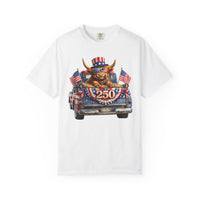 Patriotic Highland, America's 250th Birthday - Comfort Colors | Trendy Women's and Men's T-Shirt. Direct to Garment. Printed & Shipped in the USA. Unisex Sizes.