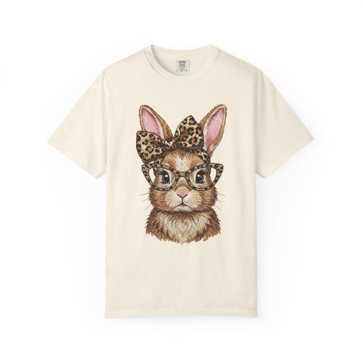 Bunny with Leopard Bow and Glasses - Comfort Colors | Trendy Women's T-Shirt. Direct to Garment. Printed & Shipped in the USA. Unisex Sizes.