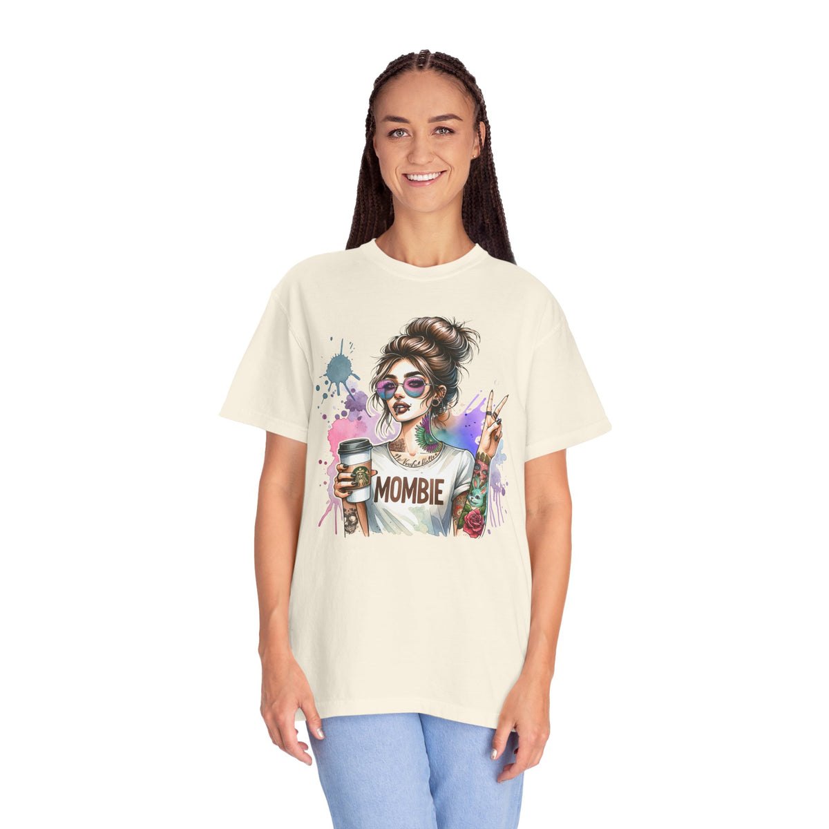 Cool Mombie with Coffee Peace Tattoo - Comfort Colors | Trendy Women's T-Shirt. Direct to Garment. Printed & Shipped in the USA. Unisex Sizes.