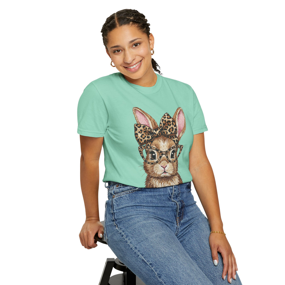 Bunny with Leopard Bow and Glasses - Comfort Colors | Trendy Women's T-Shirt. Direct to Garment. Printed & Shipped in the USA. Unisex Sizes.