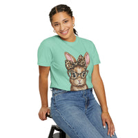 Bunny with Leopard Bow and Glasses - Comfort Colors | Trendy Women's T-Shirt. Direct to Garment. Printed & Shipped in the USA. Unisex Sizes.