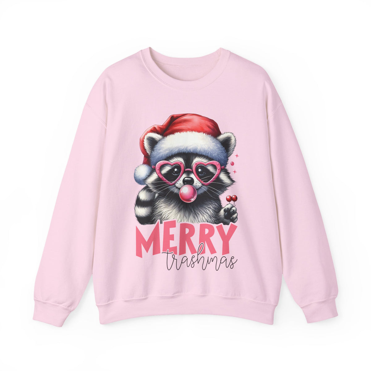 Merry Trashmas Bubblegum Raccoon w/Santa Hat Christmas – Gildan Heavy Blend | Trendy Women’s Soft Sweatshirt. Direct to Garment. Printed & Shipped in the USA. Unisex Sizes.