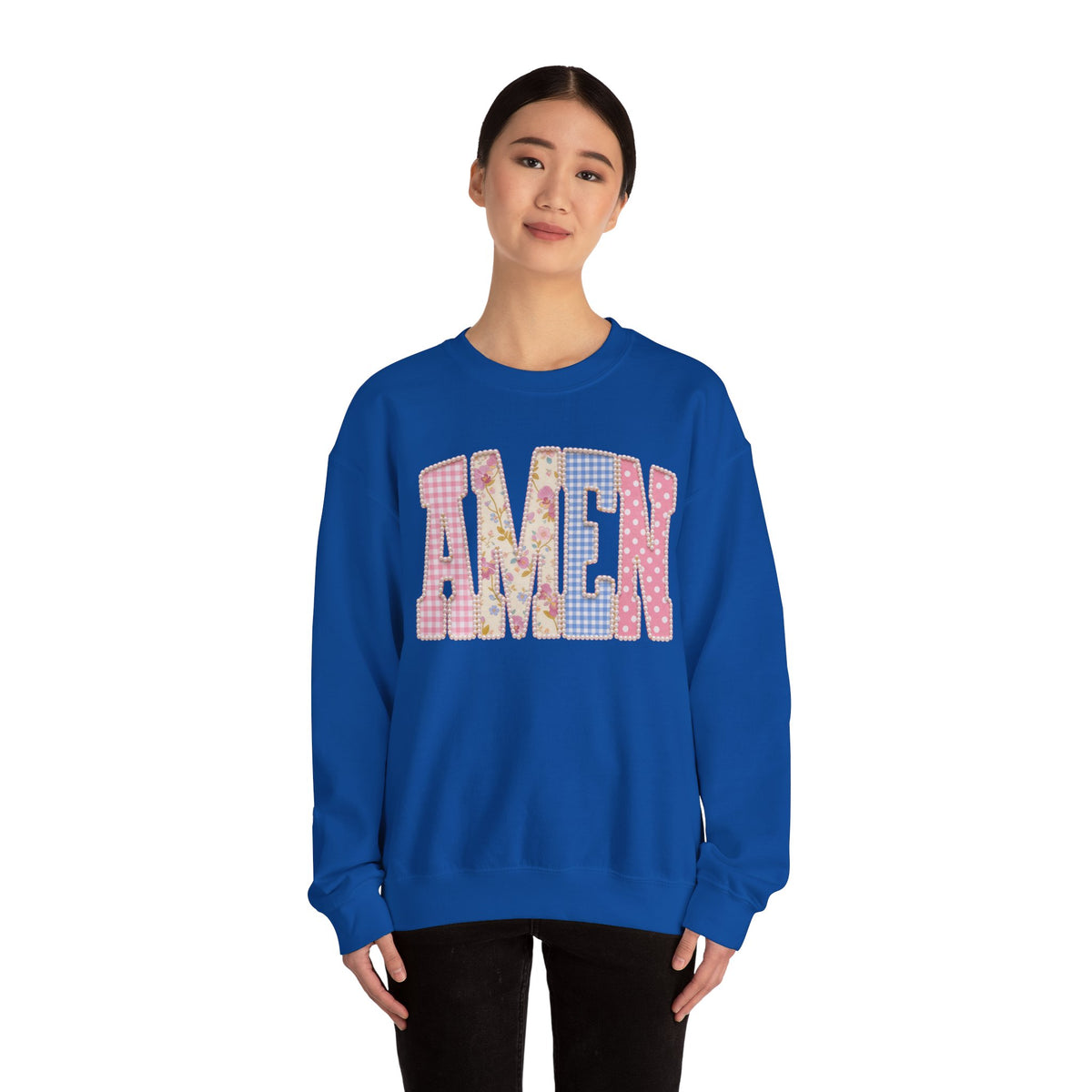 Pastel faux Patchwork AMEN with faux Pearls – Gildan Heavy Blend | Trendy Women’s Soft Sweatshirt. Direct to Garment. Printed & Shipped in the USA. Unisex Sizes.